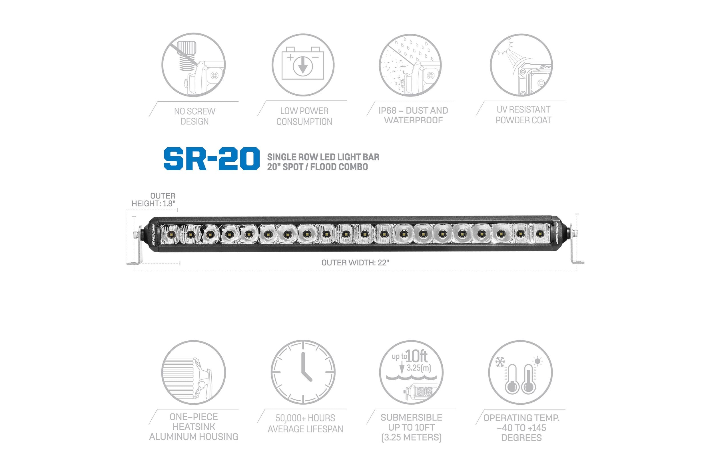 ProComp Pro Comp Motorsports Series Single Row Light Bar: 20" / White / Combo Beam