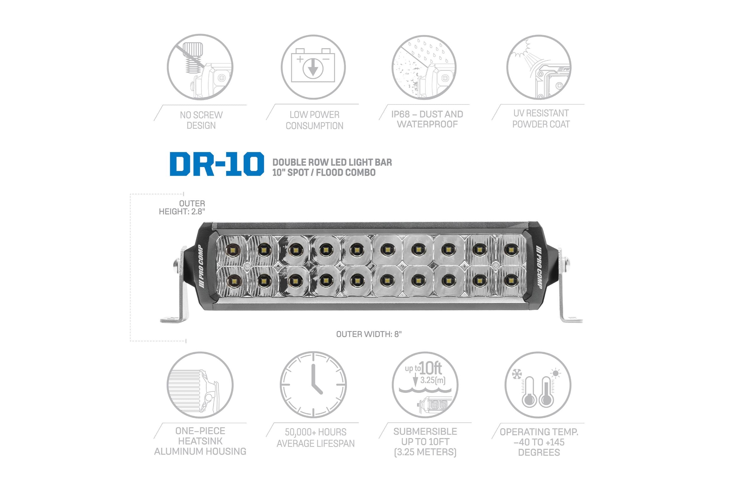 ProComp Pro Comp Motorsports Series Double Row Light Bar: 10" / White / Combo Beam