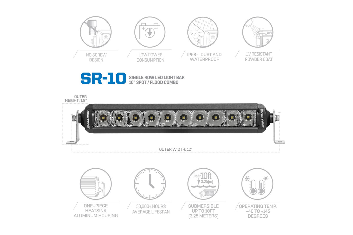 ProComp Pro Comp Motorsports Series Single Row Light Bar: 10" / White / Combo Beam