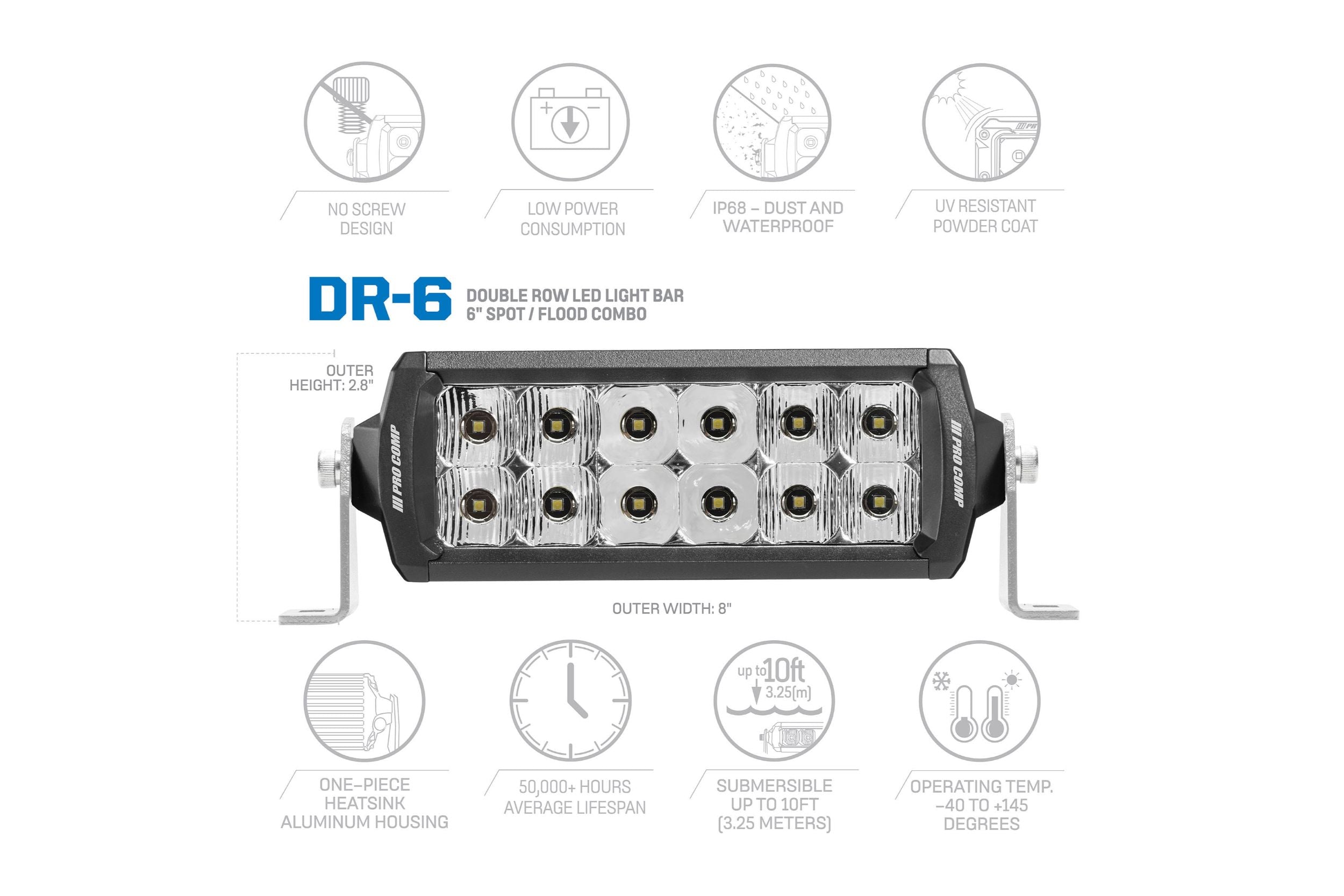 ProComp Pro Comp Motorsports Series Double Row Light Bar: 6" / White / Combo Beam